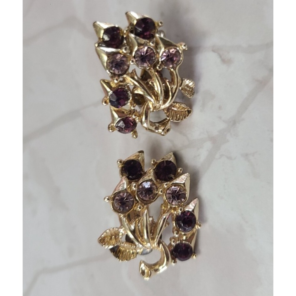 Vintage Coro Earrings Clip-On Chunky Statement Floral Rhinestone Gold Tone